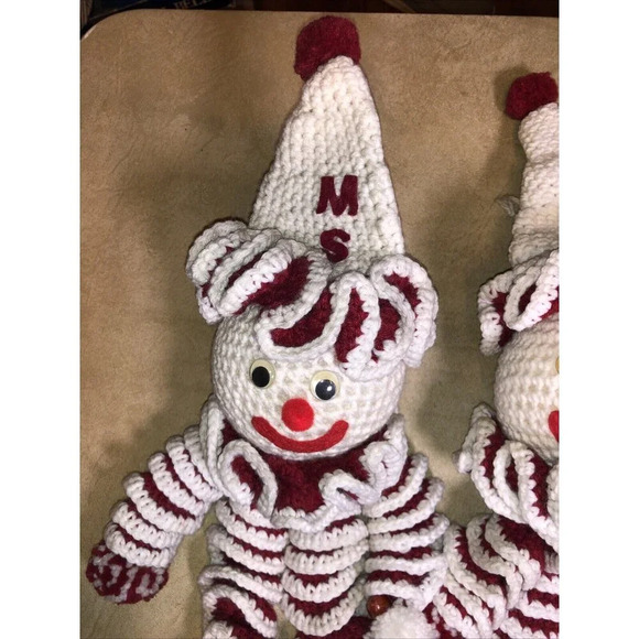 2 Vtg Clown Crochet Dolls Yarn Handmade Mississippi State Football MCM 80s Fan - Picture 2 of 12